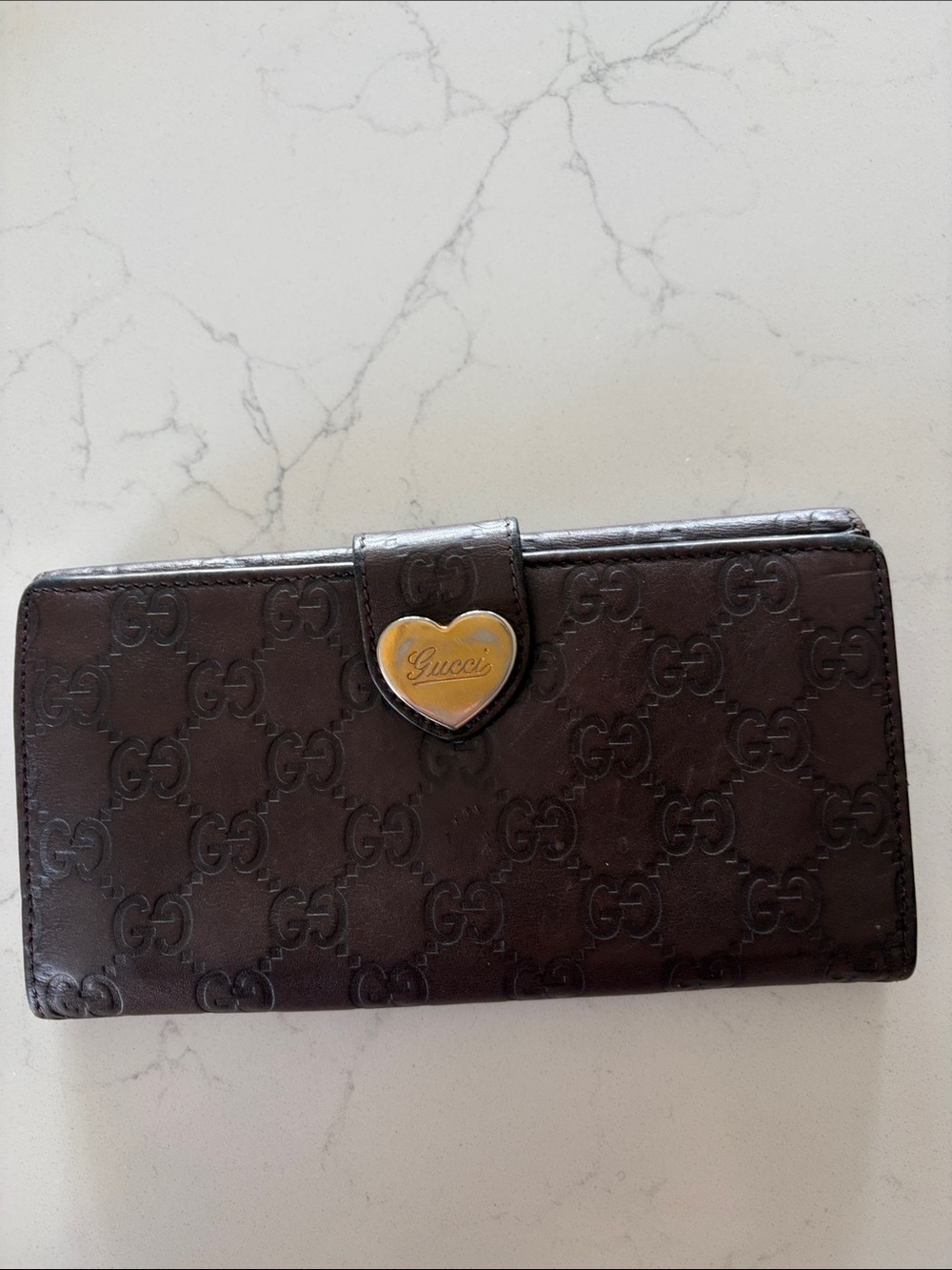Gucci Dark Brown Signature Leather Wallet with Gold Heart Snap
